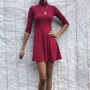 red mock neck dress with aline skirt